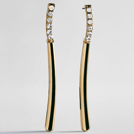 Lavisa gold bar drop earrings with pavé crystal detailing on top and glossy gold bottom