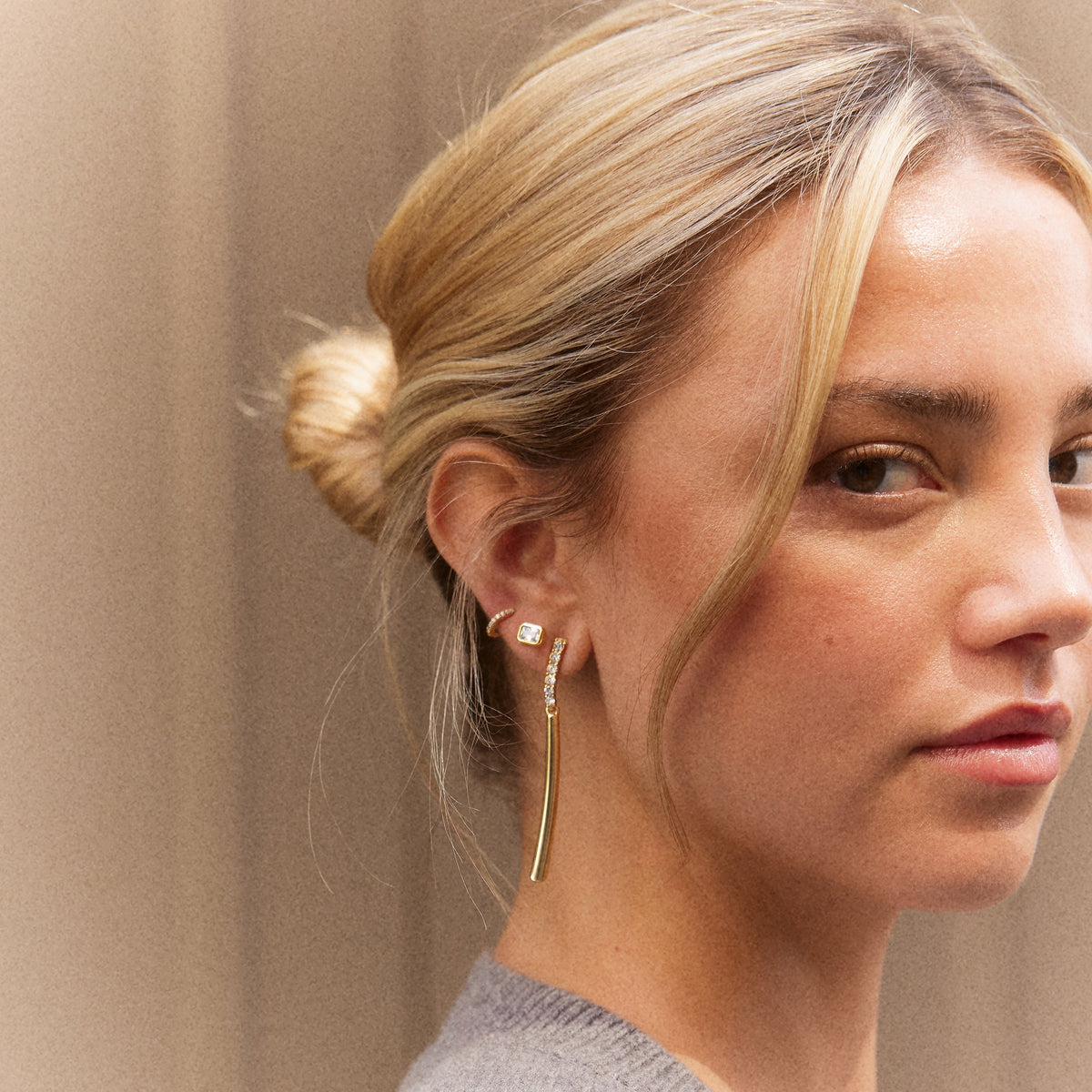 Lavisa - Gold Bar Drop Earrings with Pavé Detail - Detail & Styling View