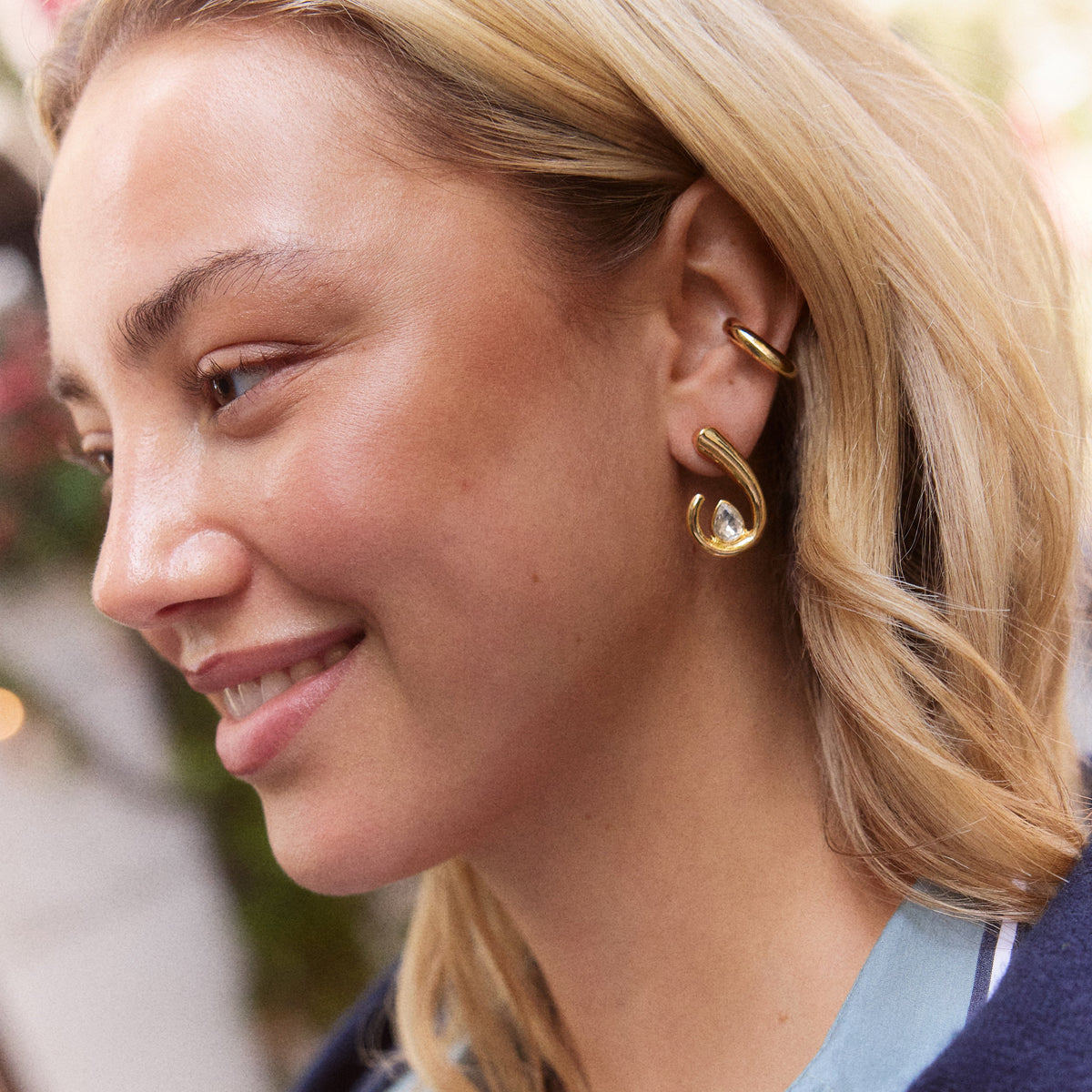 Lavisa - Marcia Gold Swirl Earrings with Crystal - Detail & Styling View