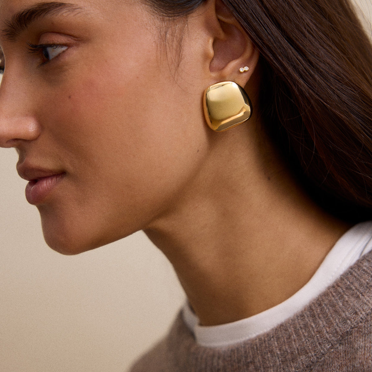 Lavisa - Organic Silhouette Gold Stud Earrings - Detail & Styling View