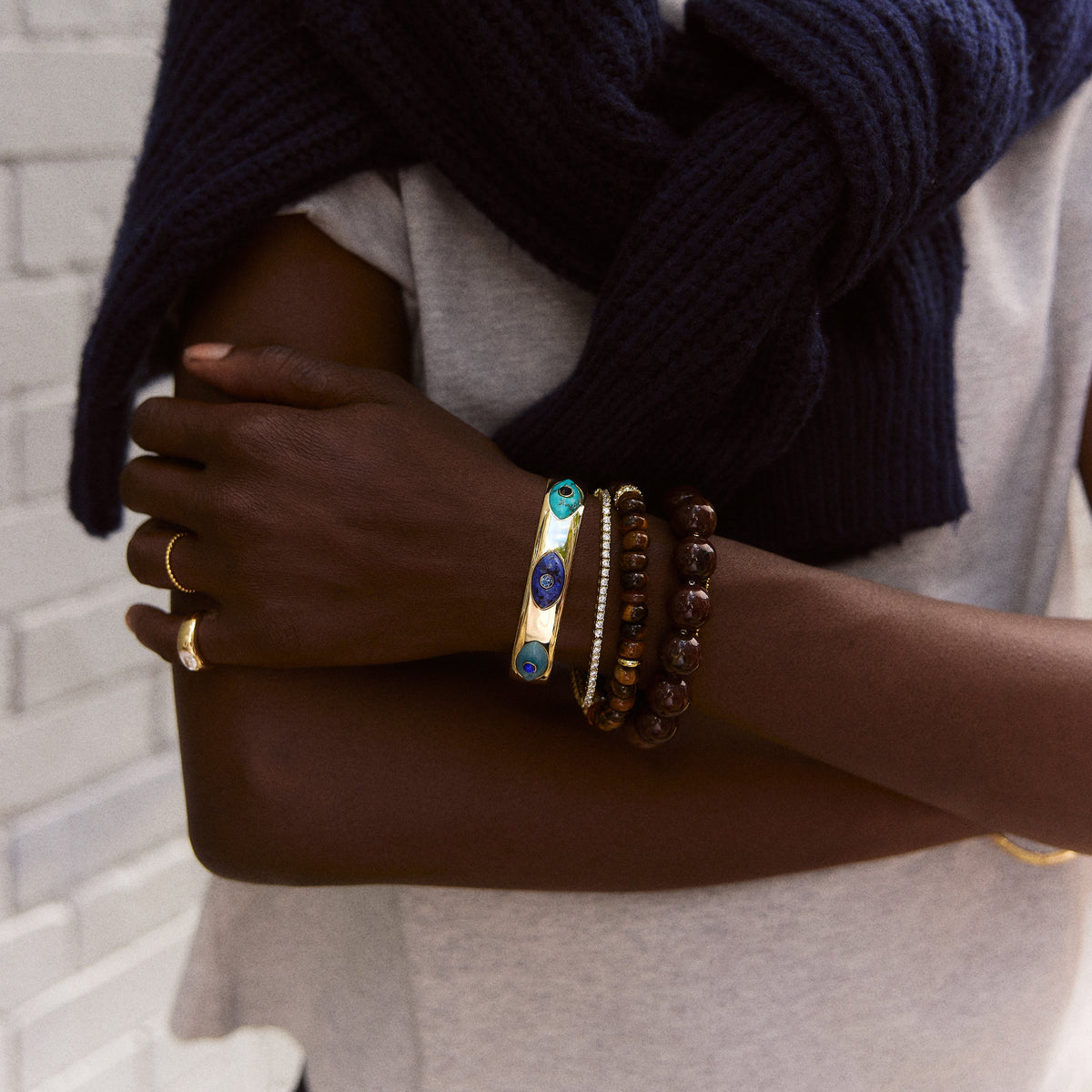 Lavisa - Gold Evil Eye Semi-Precious Cuff Bracelet - Detail & Styling View