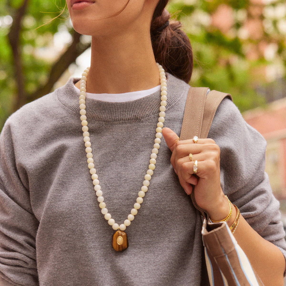 Lavisa - Ivory Beaded Pendant Layering Necklace - Detail & Styling View