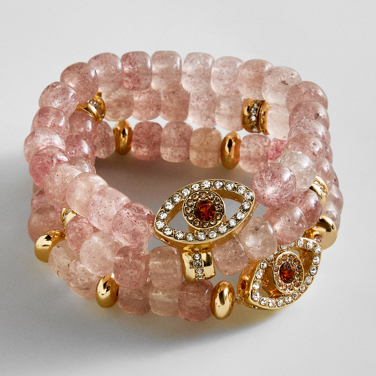 Lavisa rose quartz evil eye beaded bracelet set with gold charms
