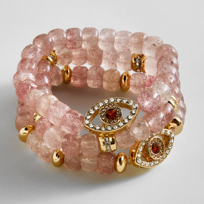 Lavisa rose quartz evil eye beaded bracelet set with gold charms