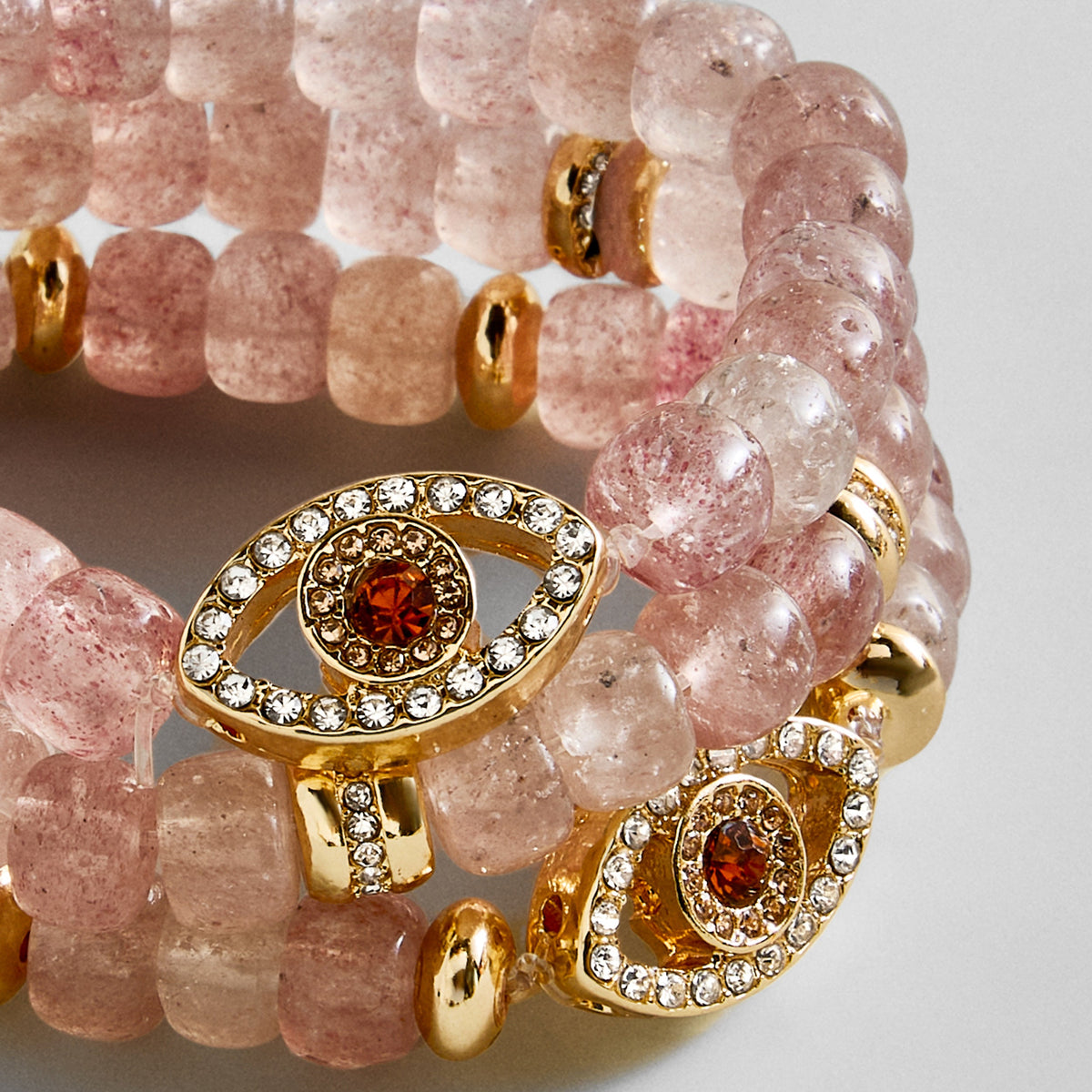 Lavisa - Evil Eye Beaded Bracelet Set With Rose Quartz - On-Model & Scale View