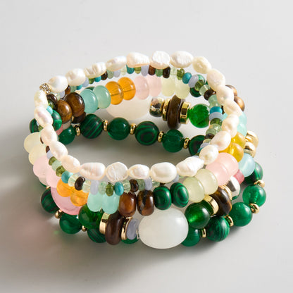 Lavisa semi-precious beaded bracelet stack featuring cool tones and mixed gemstone beads