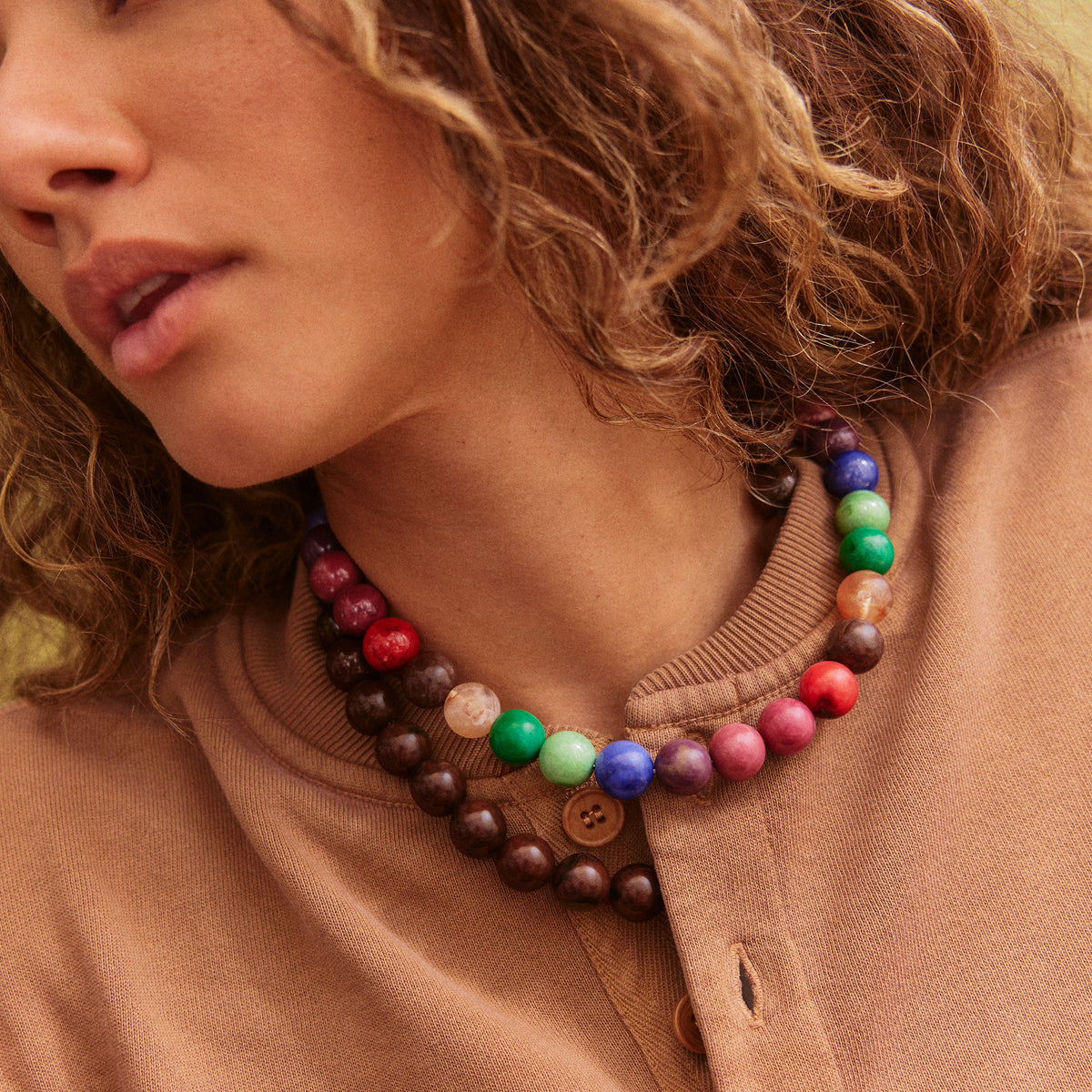 Lavisa - Dark Multi Resin Beaded Necklace - Colorful Fashion Jewelry - Detail & Styling View