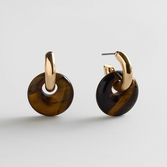 Lavisa Semi-Precious Tiger Eye Charm Huggie Hoops in thick gold