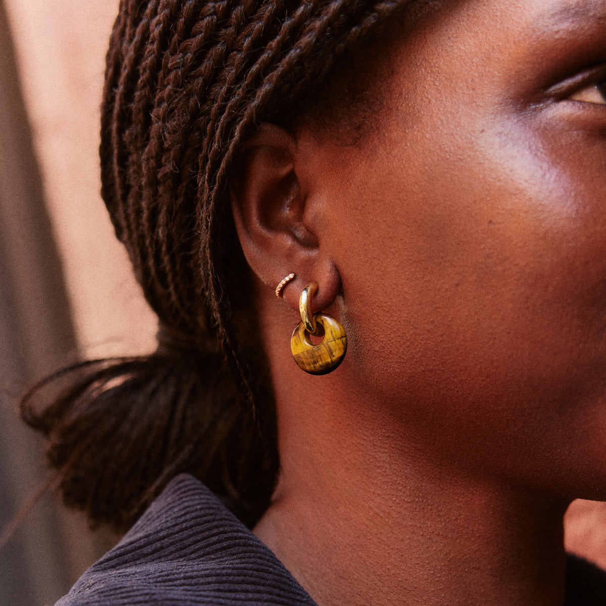 Lavisa - Semi-Precious Charm Huggie Hoops - Detail & Styling View