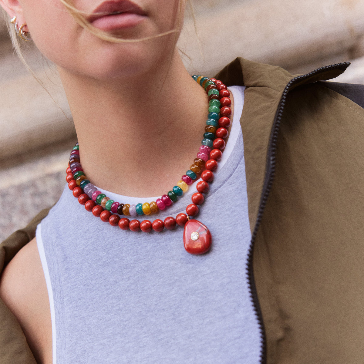 Lavisa - Semi-Precious Beaded Layering Necklace with Multi Tourmaline Stones - Detail & Styling View