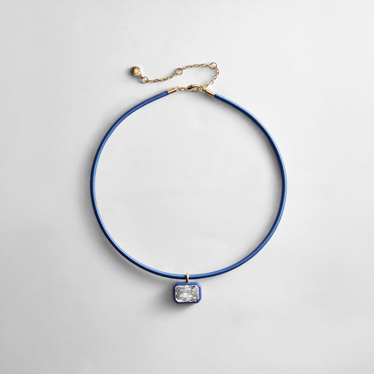 Lavisa Crystal Collar Necklace in Lapis featuring a vibrant gemstone and comfortable thread-wrapped design