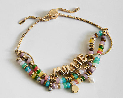 Lavisa Rowan Custom Layered Bracelet featuring pearls and personalized bubble letters