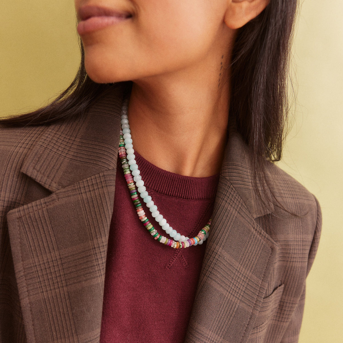 Lavisa - Semi-Precious Beaded Necklace with Blue Chalcedony - Detail & Styling View