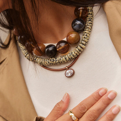 Lavisa - Bold Dalmatian Jasper Beaded Necklace - Detail & Styling View