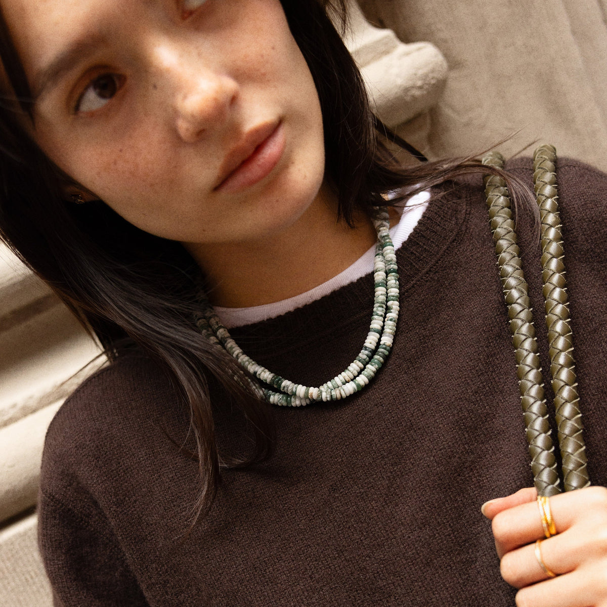 Lavisa - Striped Agate Beaded Necklace - Semi-Precious Stone Jewelry - Detail & Styling View