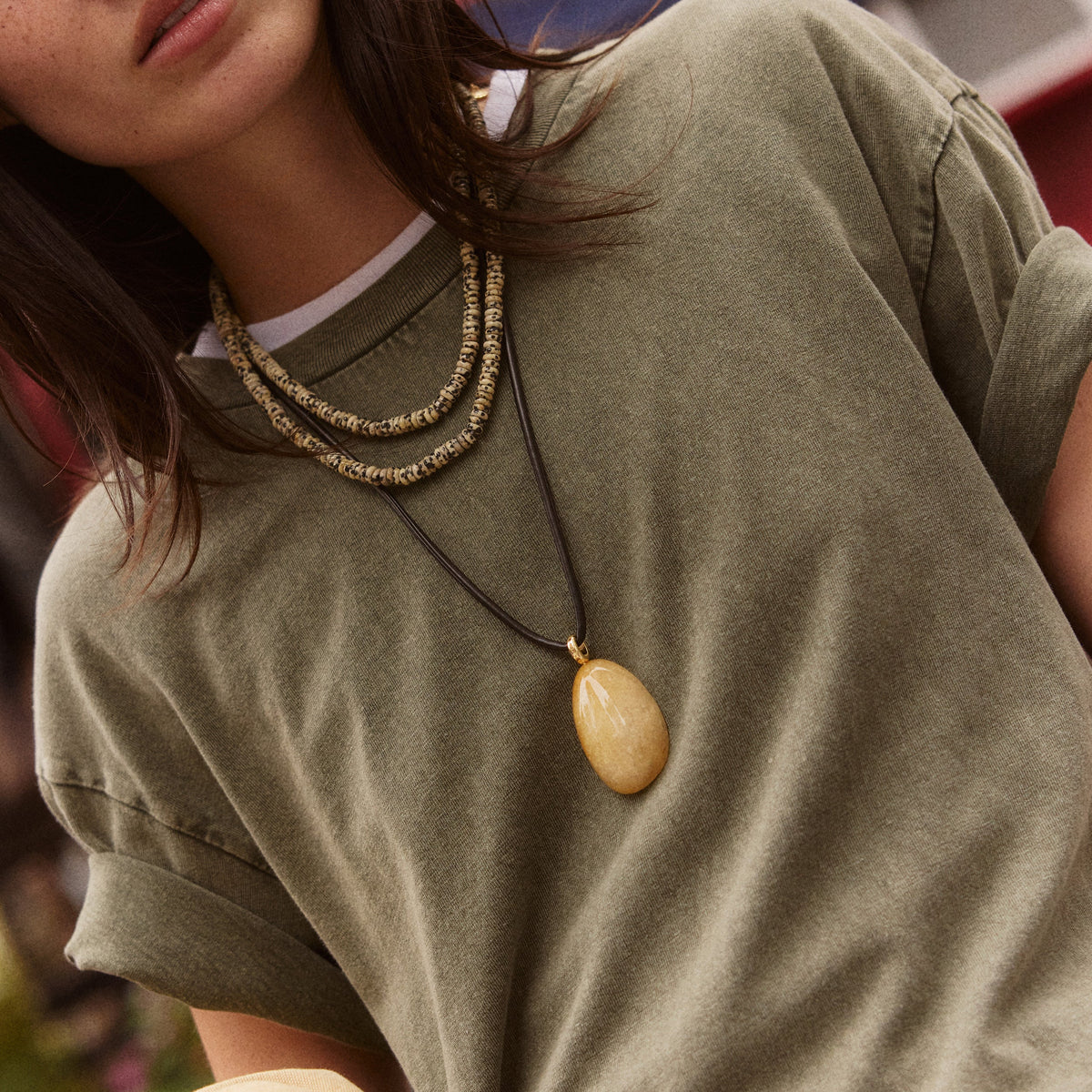 Lavisa - Dalmatian Jasper Beaded Statement Necklace - Detail & Styling View