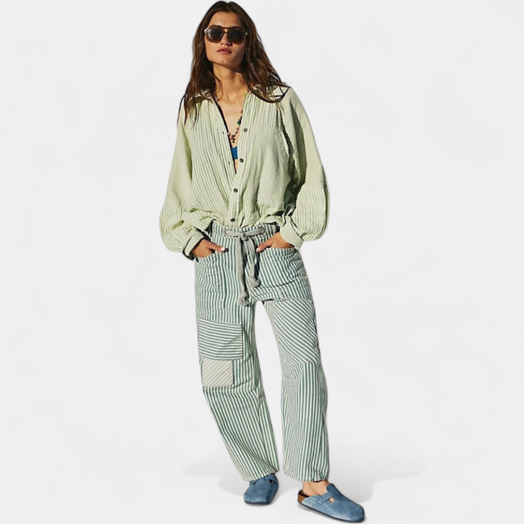 Lavisa - Striped Wide Leg Pants for Women - Drawstring Waist Casual Trousers