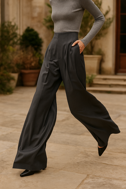 Lavisa - High Waisted Cotton Draped Wide Leg Pants