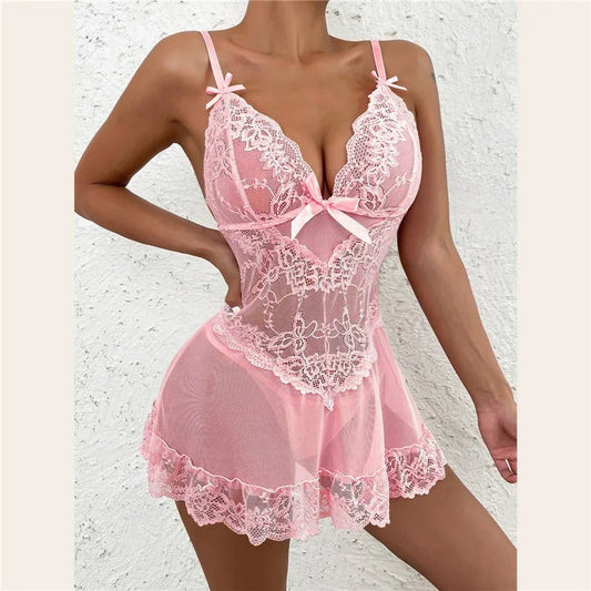 Lavisa - Women's Sheer Mesh Floral Lace Scallop-Hem Chemise