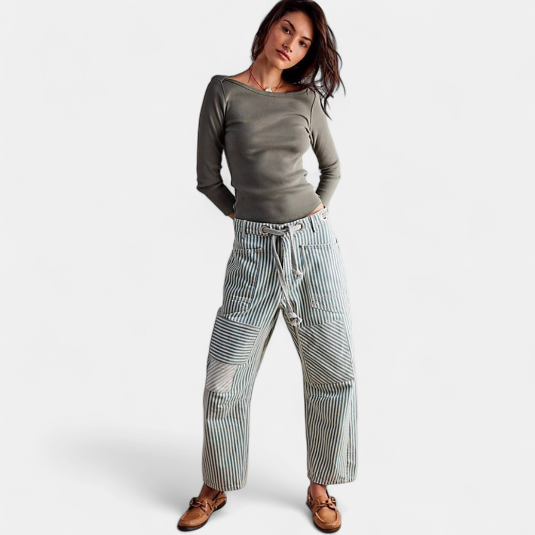 Lavisa - Striped Wide Leg Pants for Women - Drawstring Waist Casual Trousers