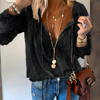 Womens Elegant Boho V Neck Blouse Long Sleeve Casual Top - Back View | Lavisa
