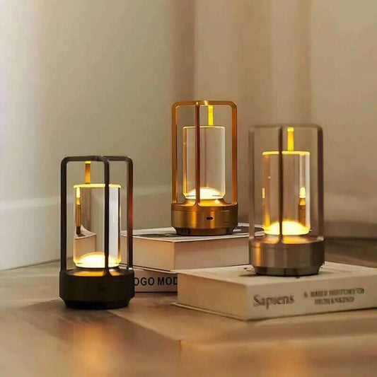Lavisa Cordless Touch Dimming Metal Lantern Lamp resting on a dining table
