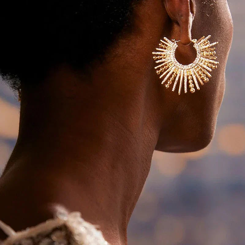 Lavisa - Sunburst Statement Hoops - Gold Pavé Textured Earrings - On-Model & Scale View