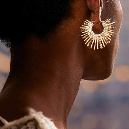 Lavisa - Sunburst Statement Hoops - Gold Pavé Textured Earrings - On-Model & Scale View