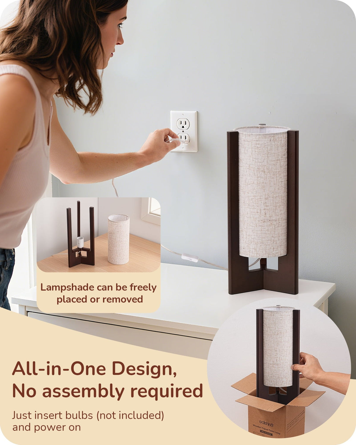 Lavisa - Solid Wood Table Lamp with Linen Shade for Bedroom and Living Room