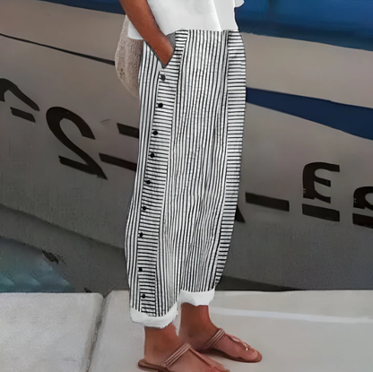 Lavisa - Women's Wide-Leg Striped Pants with Button Detail