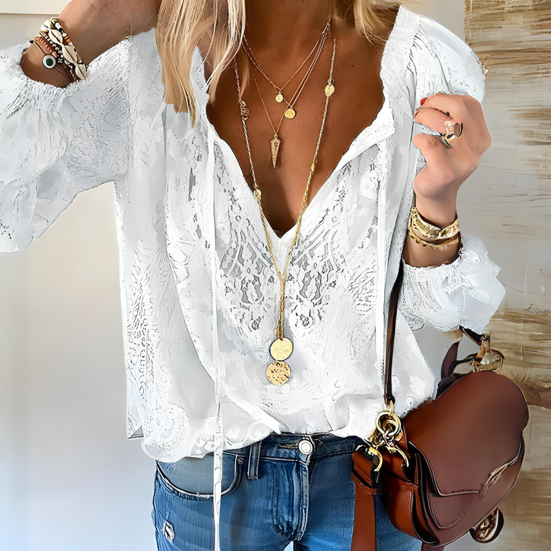 Womens Elegant Boho V Neck Blouse Long Sleeve Casual Top - Side Angle | Lavisa