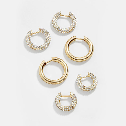 Lavisa Gold and Pavé Crystal Huggie Hoop Earring Set of three pairs