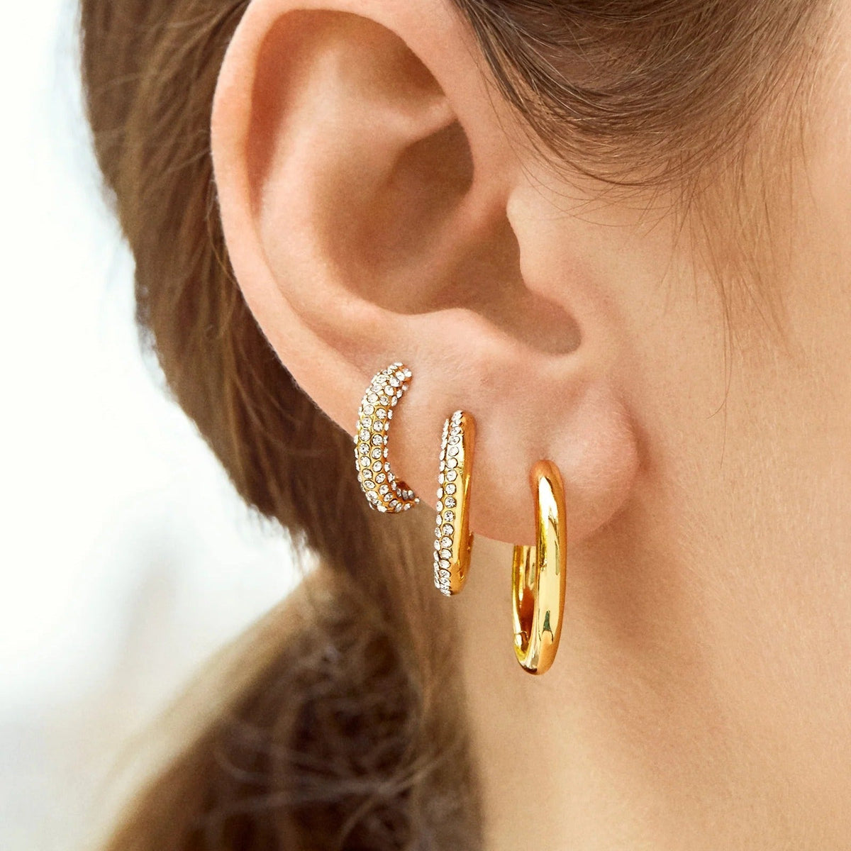 Lavisa - Huggie Hoop Earring Set - Gold Crystal Layering Trio - Detail & Styling View