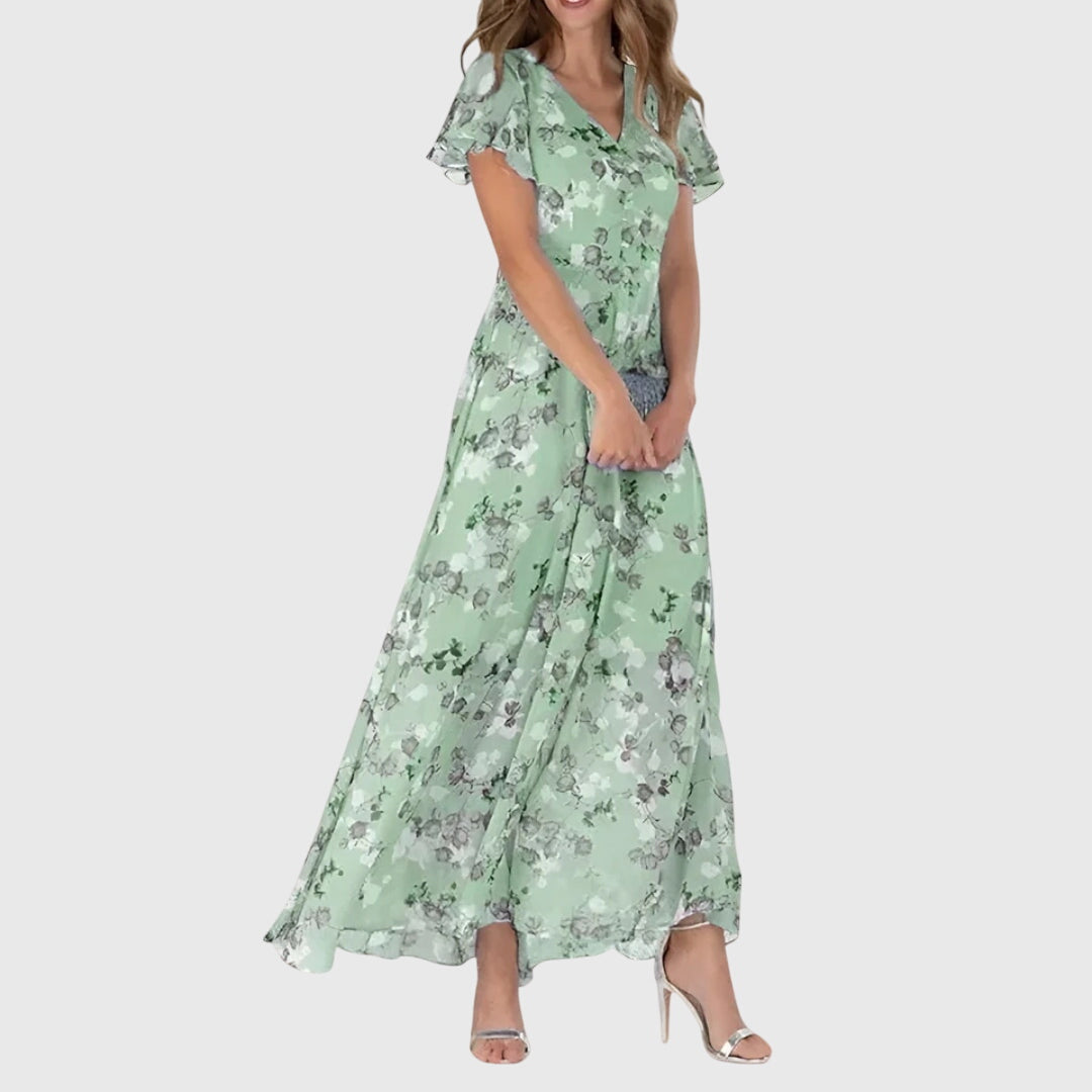 Womens Floral V Neck Maxi Dress Flowy Summer Party Gown - Back View | Lavisa