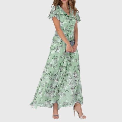 Womens Floral V Neck Maxi Dress Flowy Summer Party Gown - Back View | Lavisa