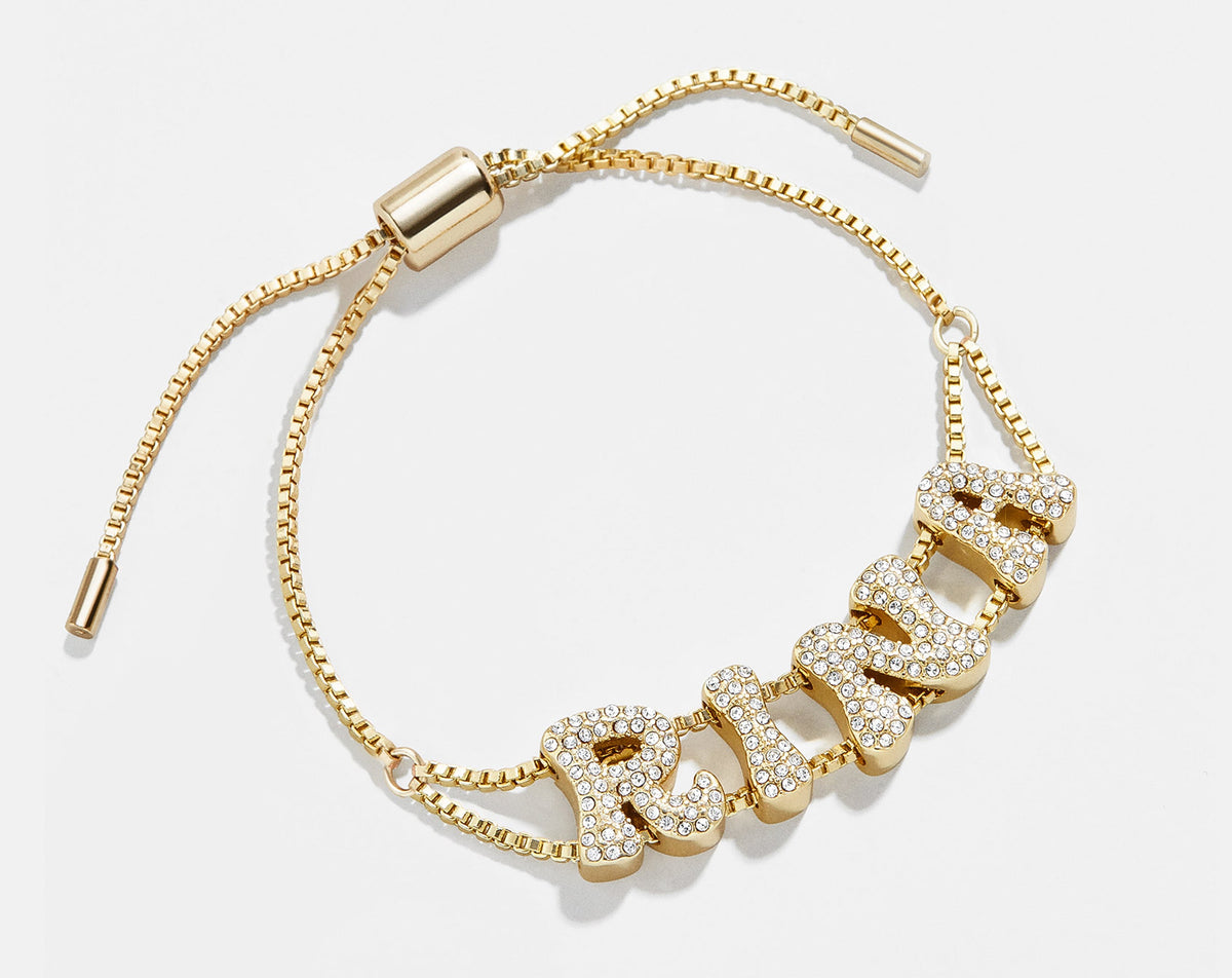 Lavisa custom pavé bubble slider bracelet with double chain and personalized letters
