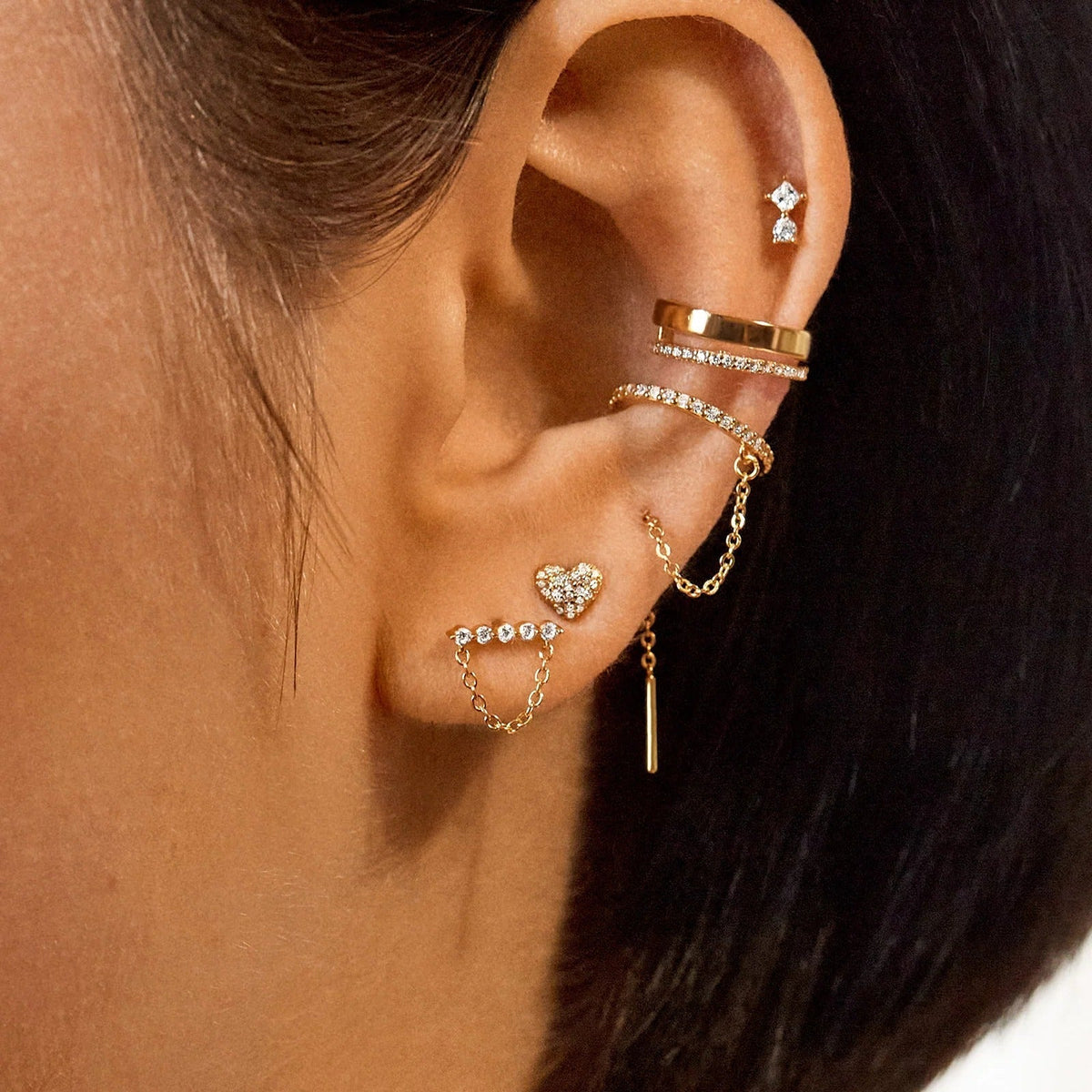 Lavisa - Modern Pavé Heart Gold Earrings - Detail & Styling View