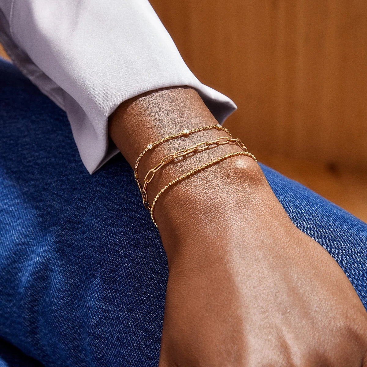 Lavisa - Dainty 18K Gold Ball Bead Chain Bracelet - Detail & Styling View