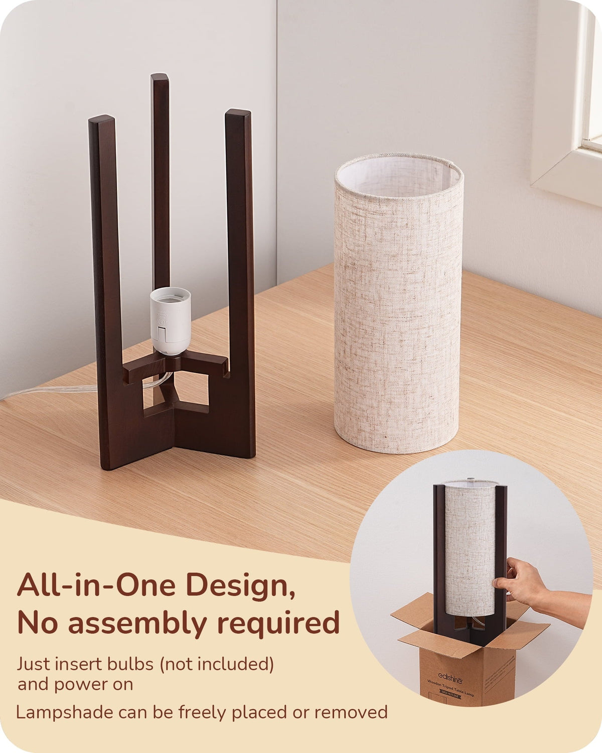 Lavisa - Solid Wood Table Lamp with Linen Shade for Bedroom and Living Room