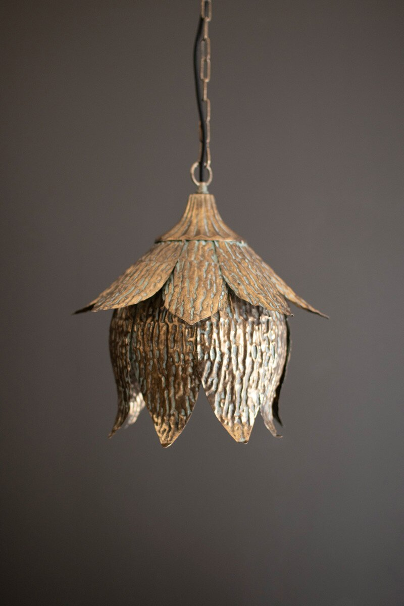 Lavisa antique brass tulip pendant light hanging elegantly over a modern kitchen counter