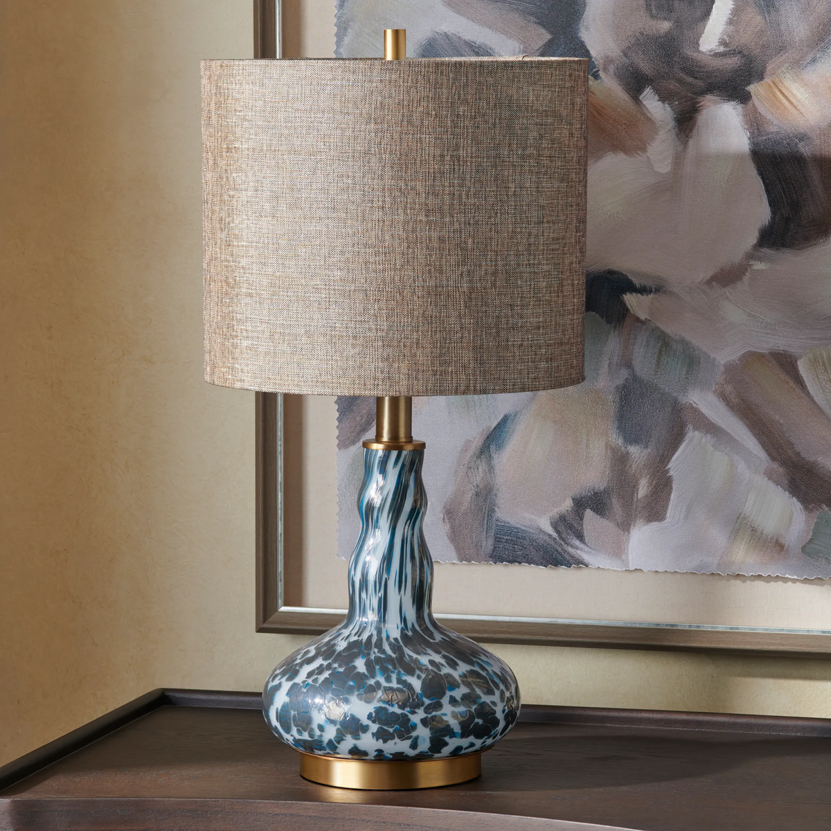 Lavisa blue art glass table lamp with polished gold hardware accents (View 6)