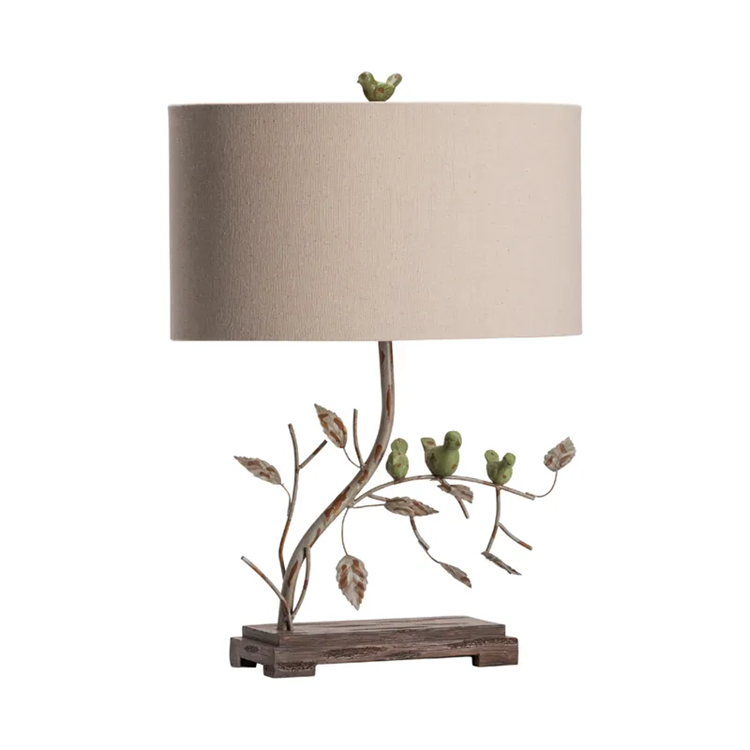 Lavisa nature-inspired table lamp with sculpted birds on a branch and a linen shade (View 3)