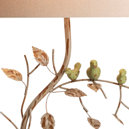 Lavisa nature-inspired table lamp with sculpted birds on a branch and a linen shade (View 4)