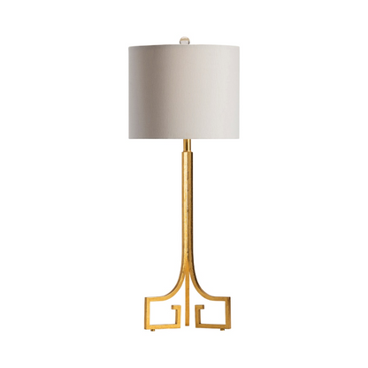 Lavisa gold leaf metal table lamp with white linen drum shade