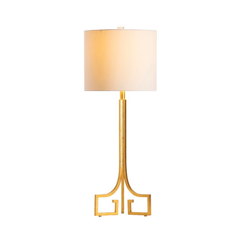 Lavisa gold leaf metal table lamp with white linen drum shade (View 2)