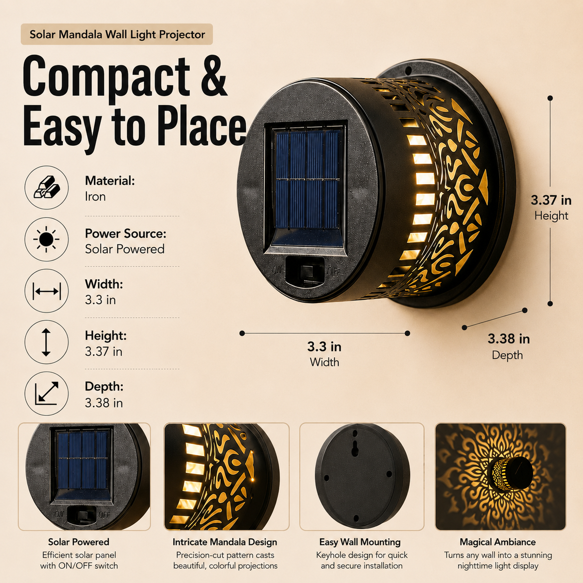 Lavisa - Solar Mandala Wall Light Outdoor Decorative Projector Lamp