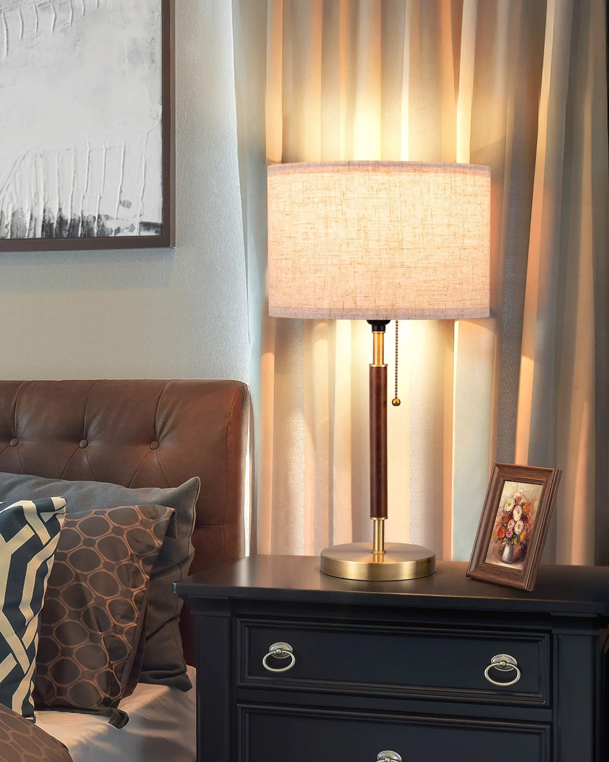 Lavisa - Satin Nickel and Wood Table Lamp with Beige Linen Shade