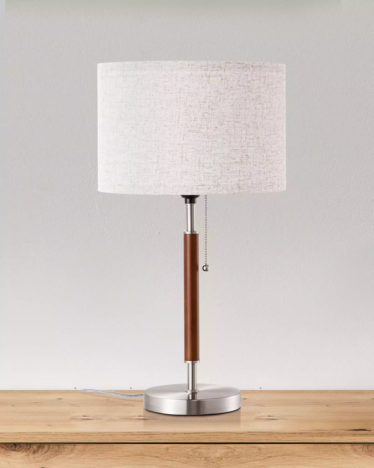 Lavisa - Satin Nickel and Wood Table Lamp with Beige Linen Shade