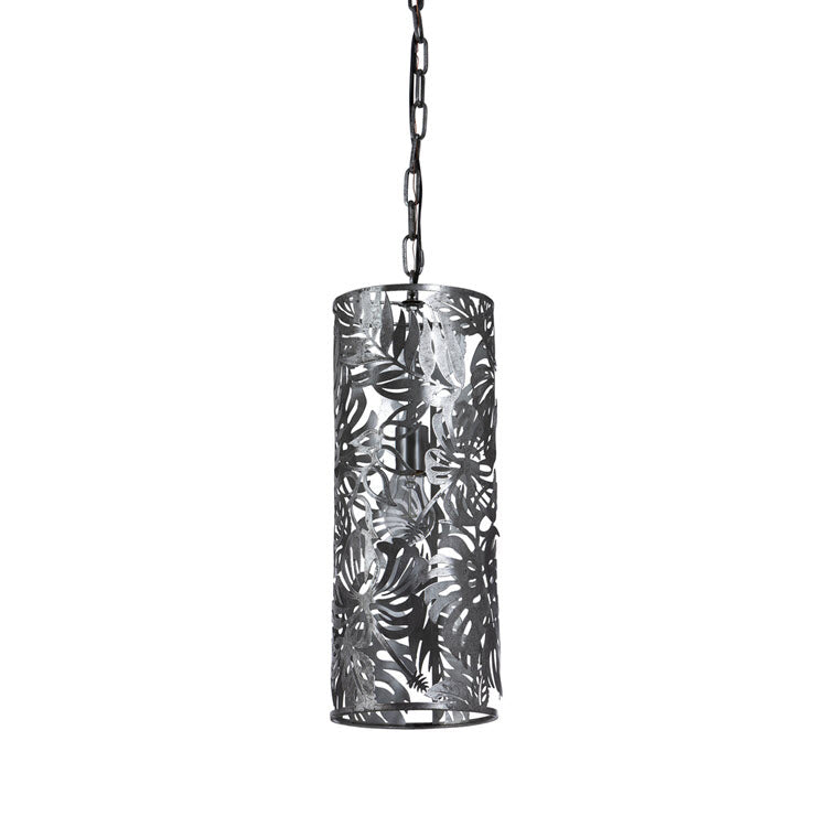 Lavisa monstera vine silver iron pendant light fixture hanging against neutral background