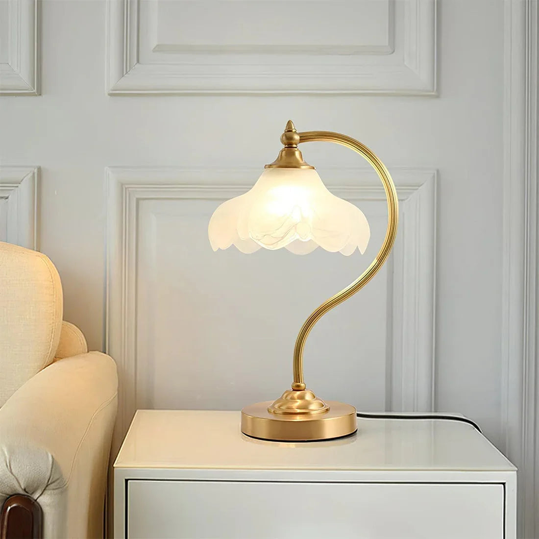 Lavisa floral brass and glass table lamp with polished metallic base for living room lighting (View 7)